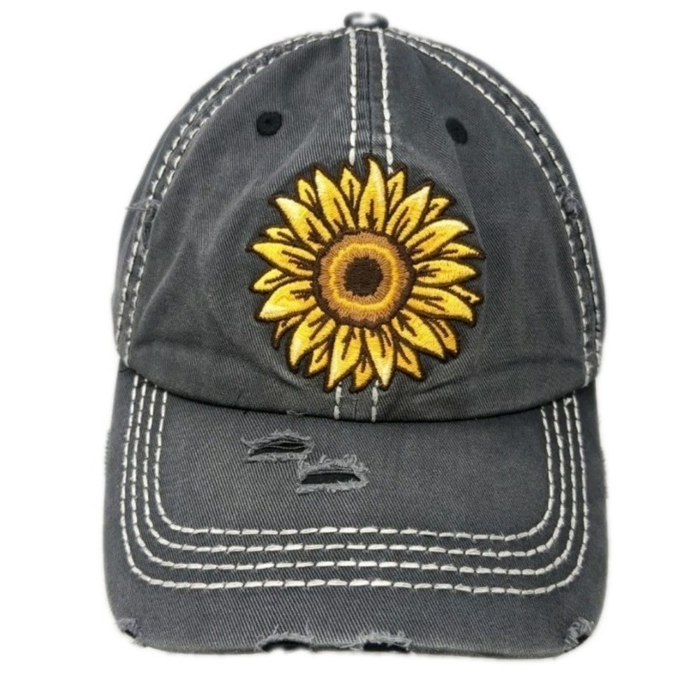 Sunflower Strapback Baseball Cap Gray One Size Adjustable Embroidered Distressed